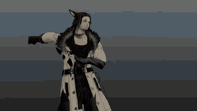 a computer generated image of a person wearing a black and white coat