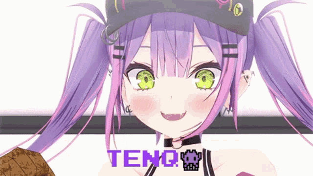 a girl with purple hair and green eyes is wearing a hat with the word tenq on it