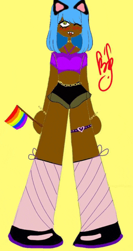 a cartoon girl is holding a rainbow flag and wearing a cat costume .