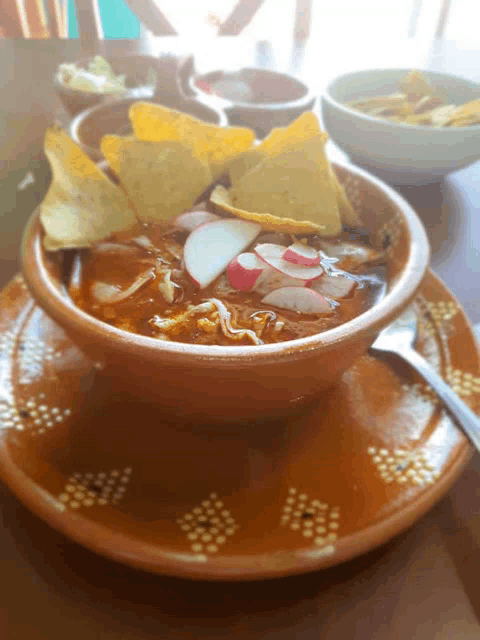a bowl of soup with tortilla chips on top of it