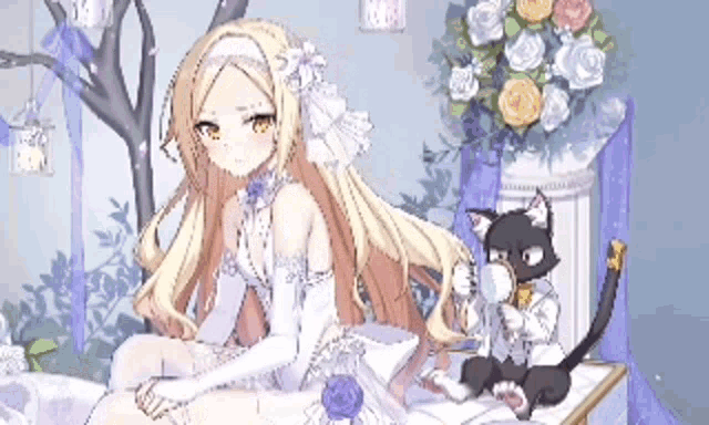 a bride in a wedding dress is sitting on a bed next to a cat .