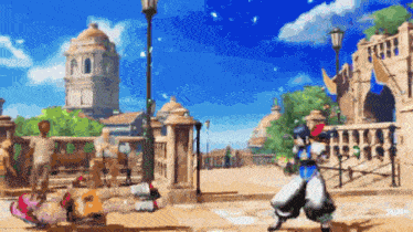 a pixel art of a man standing in front of a building .