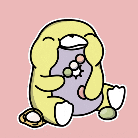 a cartoon drawing of a yellow duck holding a purple object with balls in it