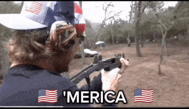 a man is holding a gun and the word merica is on the bottom