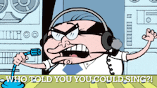 a cartoon character is singing into a microphone with the words who told you you could sing