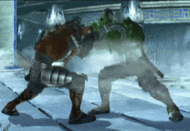 two video game characters are fighting each other in a room with a wall that says ' egyptian ' on it