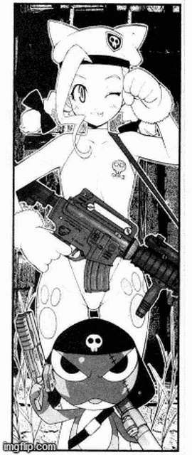 a black and white drawing of a girl holding a gun and a cat holding a gun .