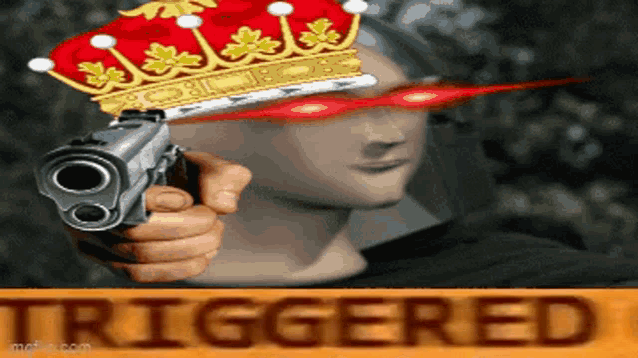 a man with a crown on his head is pointing a gun at the triggered sign