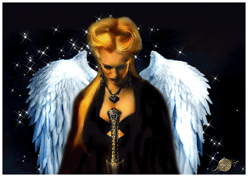 a painting of a woman with angel wings and a necklace with the letter a on it