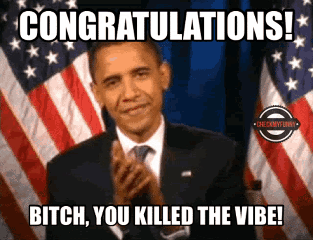 barack obama applauds in front of an american flag and says congratulations