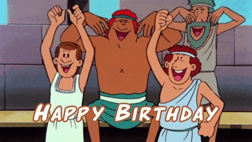 a group of cartoon characters with the words happy birthday written on the bottom