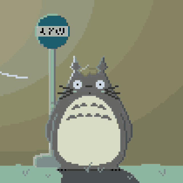a pixel art drawing of a cat standing next to a bus stop sign that says you