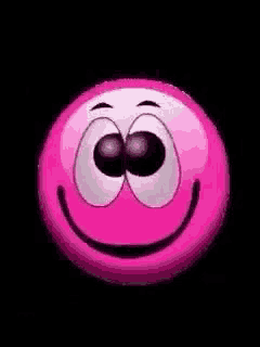 a pink smiley face with big eyes and a smile on it is on a black background .