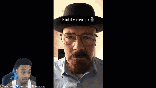a man with a beard wearing a hat and glasses says blink if you 're gay
