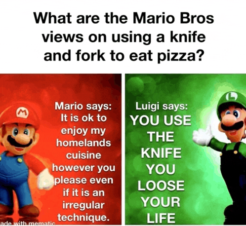 a meme about mario and luigi using a knife to eat pizza