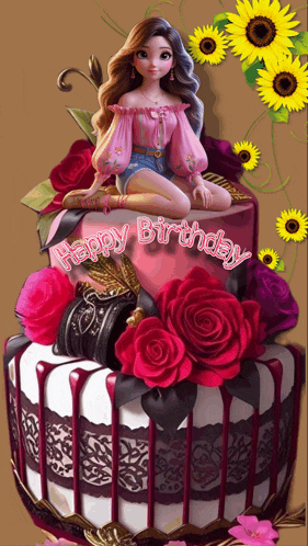 a happy birthday card with a doll on top of a birthday cake
