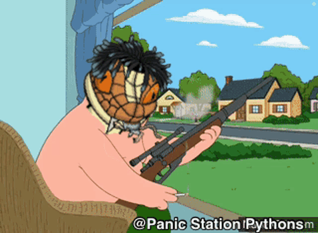 a cartoon of peter griffin holding a gun and smoking a cigarette with panic station pythonsm written below him