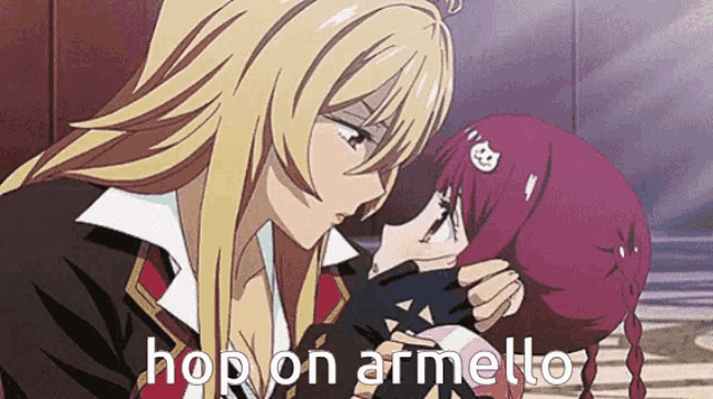 a blonde anime girl kissing a red haired girl with the words hop on armello written below her