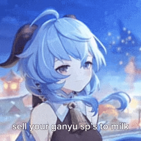 a girl with blue hair and horns is talking about selling your ganyu sp 's to milk in a video game .