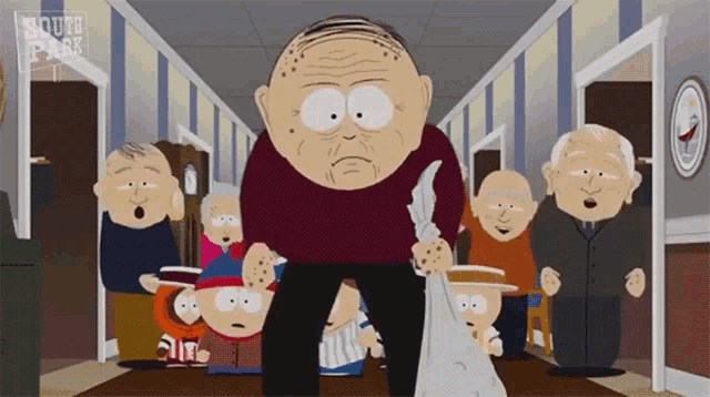 a group of south park characters in a hallway