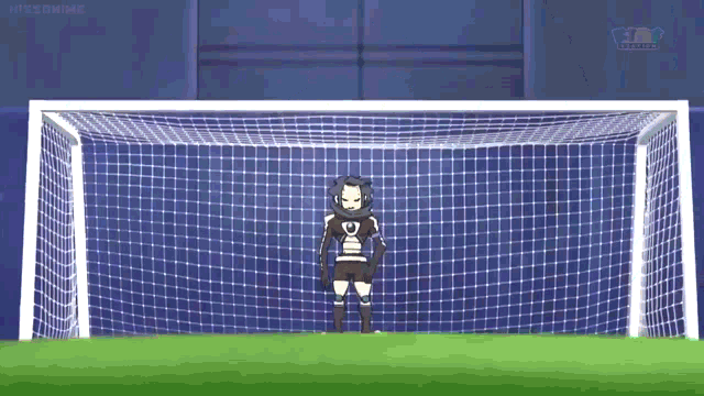 a cartoon character is standing in front of a soccer goal with a tv screen behind him that says tbs on it