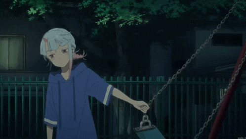 a girl in a blue shirt is holding a chain with the words that makes no sense below her