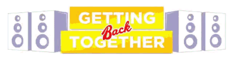 a sign that says getting back together with speakers behind it