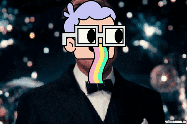 a cartoon of a man in a suit with a rainbow tongue