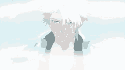 a bleach character with white hair and blue eyes is standing in the snow .