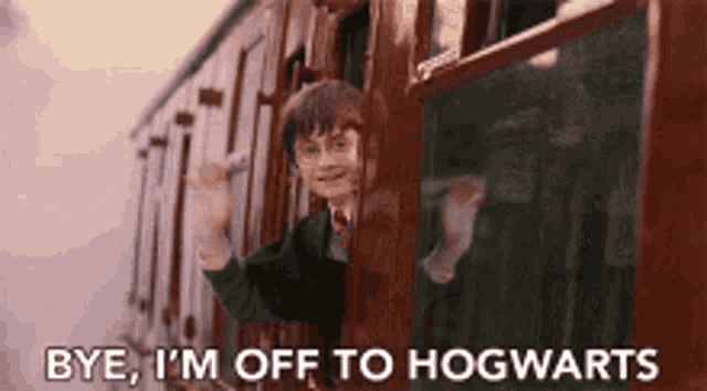 harry potter is waving from a train window and saying `` bye , i 'm off to hogwarts ''
