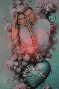 a painting of a man and a woman surrounded by roses with the words " my heart belong to you "