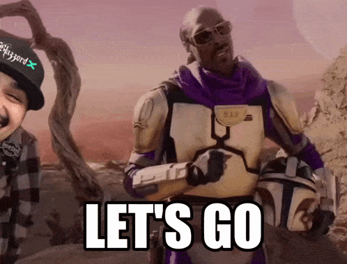 a man in a purple and gold armor is holding a helmet and says let 's go