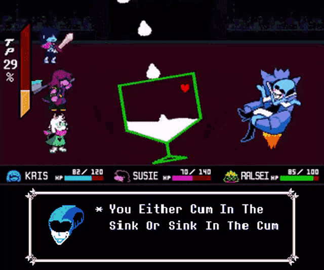 a screenshot of a video game with a character saying you either cum in the sink or sink in the cum ..