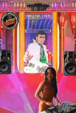 a picture of a man playing a guitar next to a woman playing a dj set