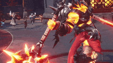 a video game character is holding a sword that is on fire