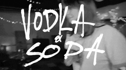 a black and white photo of a man with the words vodka and soda written on it