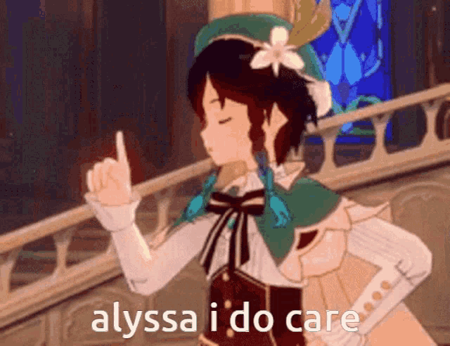 a cartoon character says alyssai do care with her finger