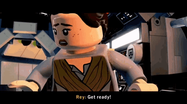 a lego character says " rey get ready " in a video game