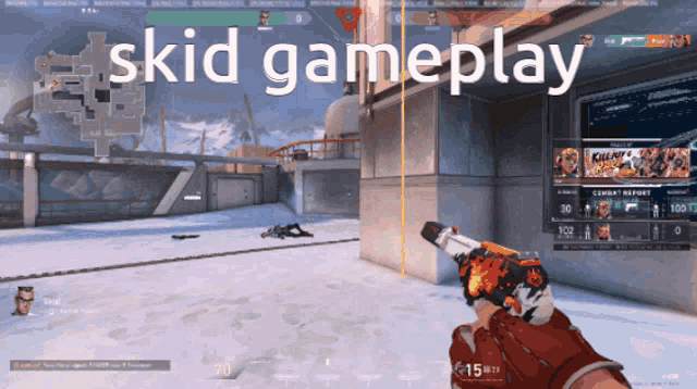 a person holding a gun in a video game with the words skid gameplay above them