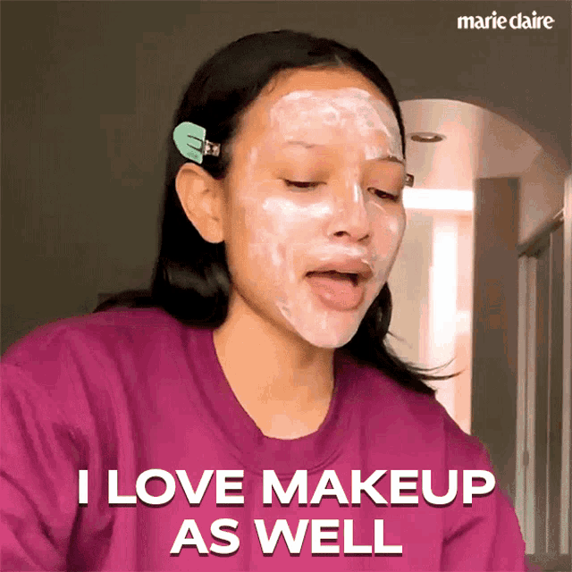 a woman with a mask on her face and the words i love makeup as well