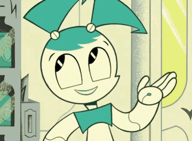 jenny from teenage mutant ninja turtles is standing in front of a vending machine and smiling .