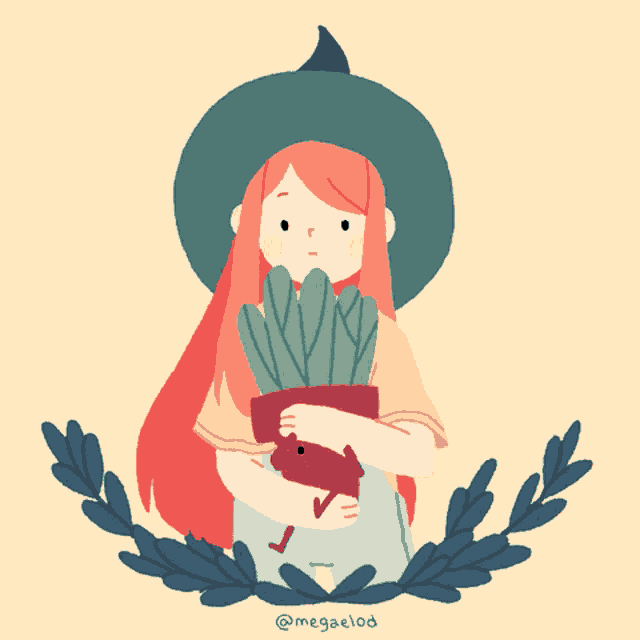 a drawing of a witch holding a potted plant and a frog with the hashtag megaeloid