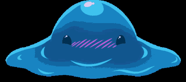 a blue blob with a pink stripe on its cheek