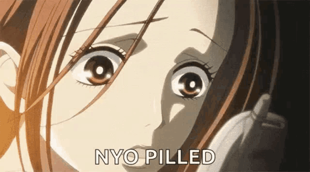 a close up of a woman 's face with the words nyo pilled written below her .