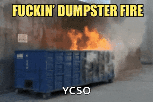 a picture of a dumpster fire with the caption fuckin dumpster fire