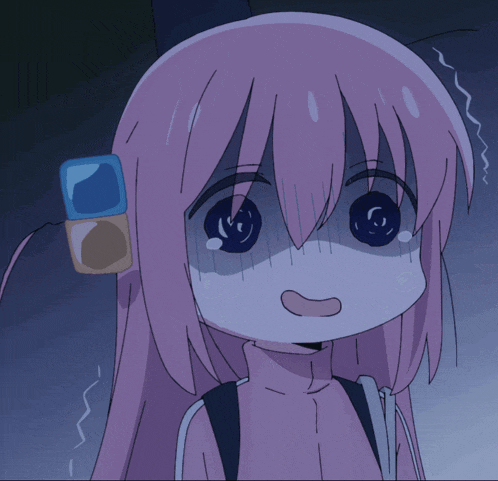 a cartoon girl with pink hair has a blue square on her hair