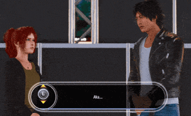 a man and a woman are standing next to each other in a video game with a blue bar that says aka