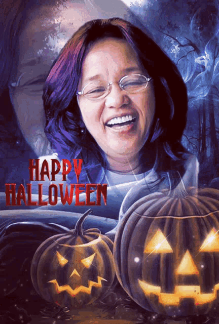 a woman is smiling in front of pumpkins and the words happy halloween are on the bottom