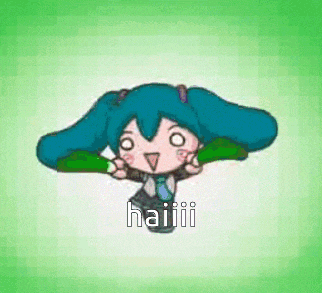 a cartoon of hatsune miku with a green background and the word haiiii on it .