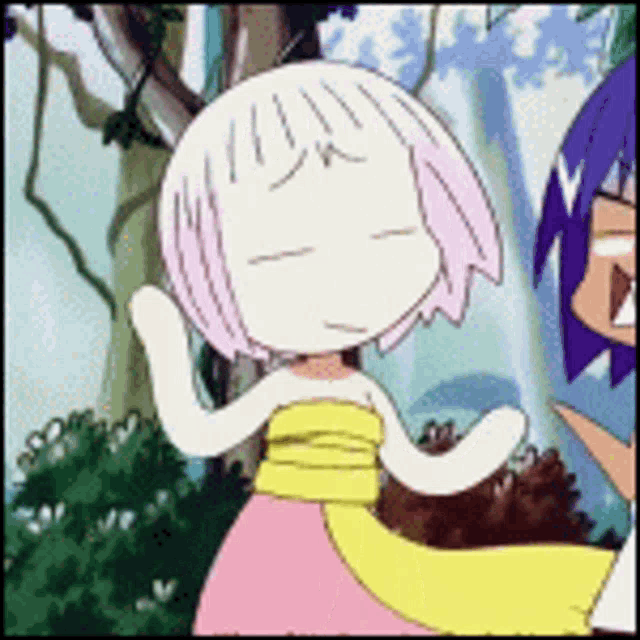 a cartoon girl with pink hair and a yellow skirt